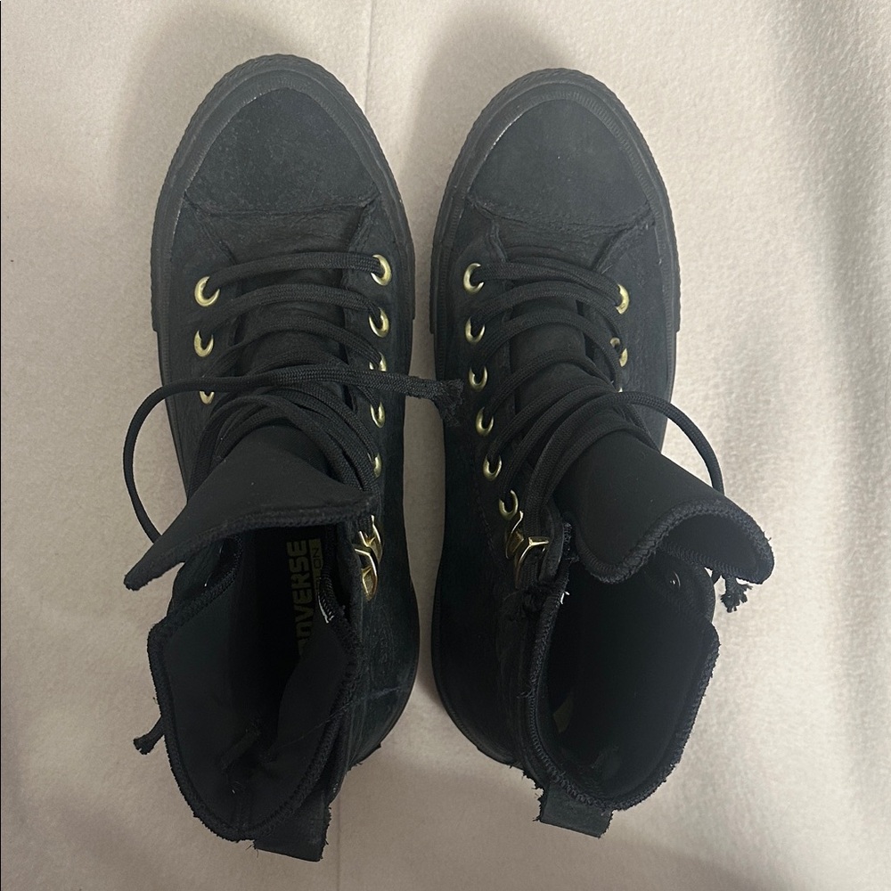 Converse Black Sneakers with Gold Accents. Leather. Waterproof.